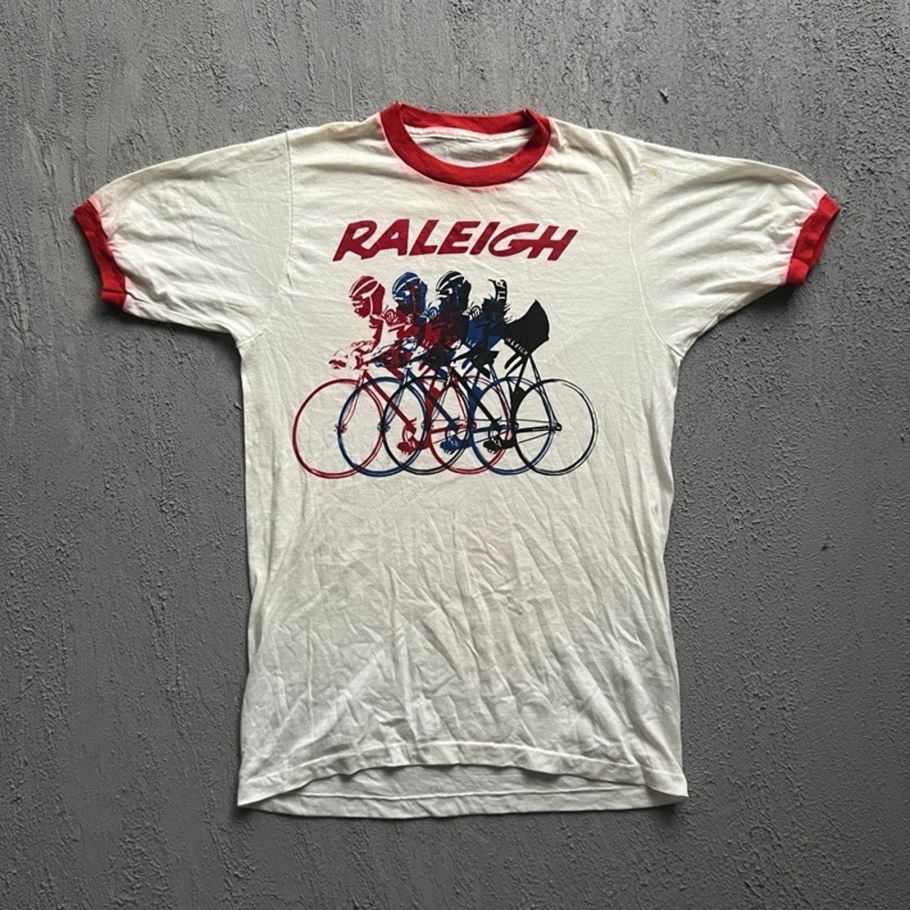 Vintage Raleigh Shirt Men Medium White 1970s Cycling Ringer Graphic Tee